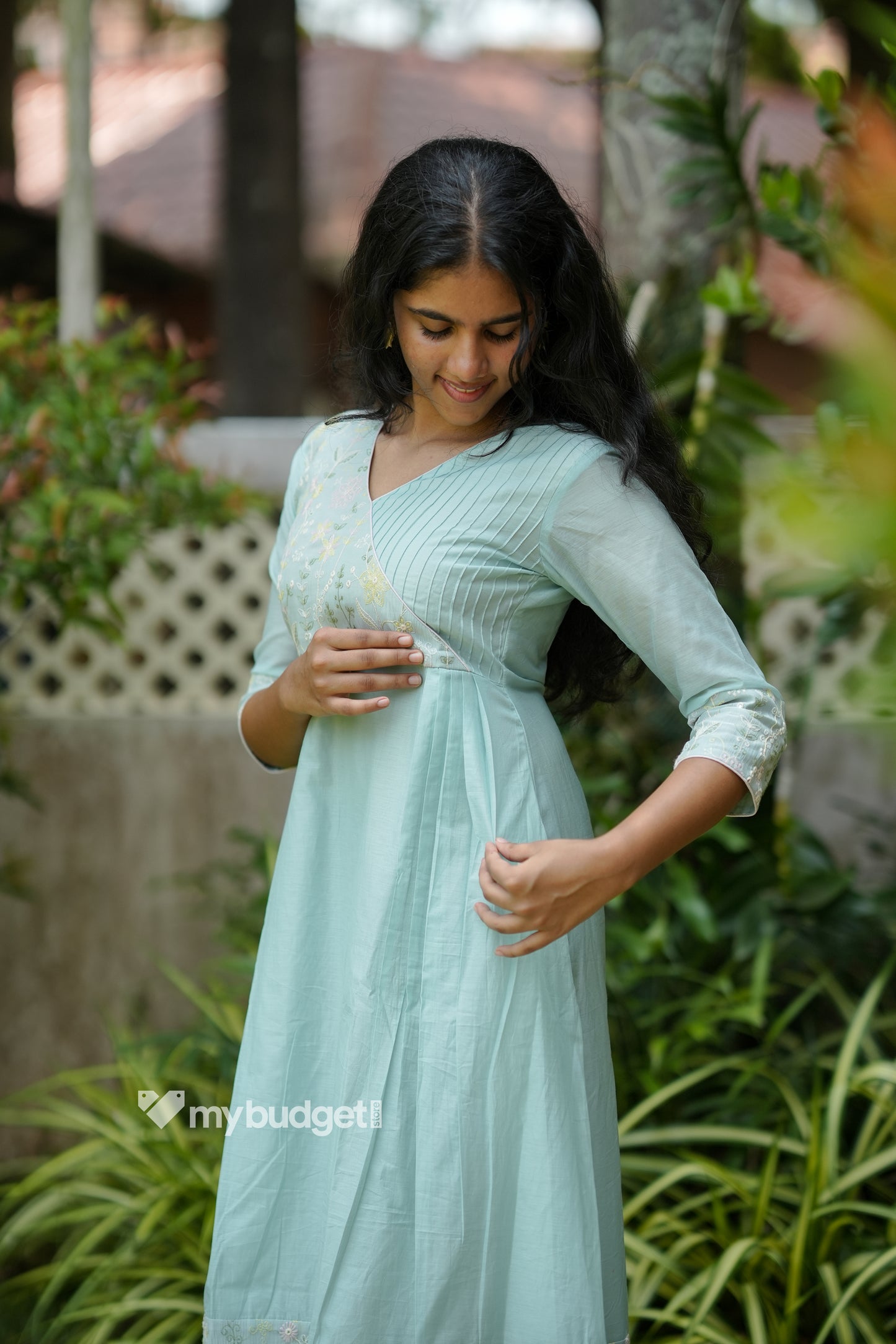 Pastel blue shaded viscose mul chanderi A-line kurti with designer yoke in overlap pattern MBS-1175