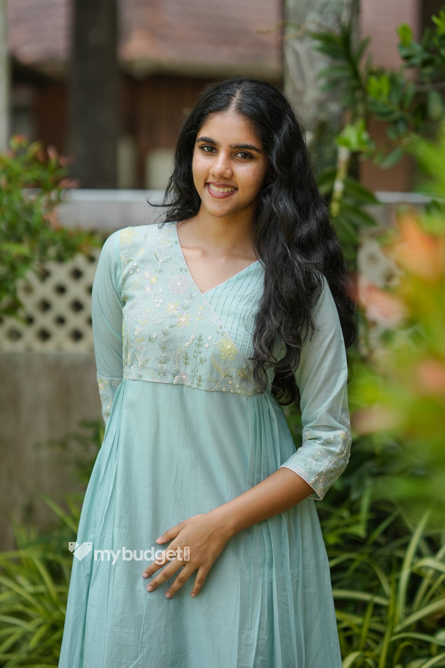 Pastel blue shaded viscose mul chanderi A-line kurti with designer yoke in overlap pattern MBS-1175