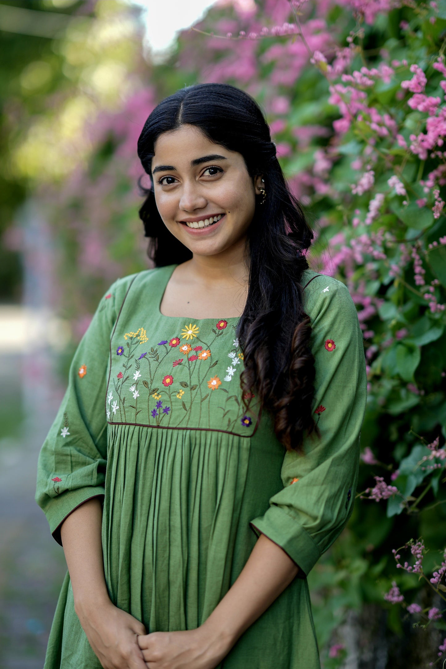 Green cotton flex lining kurti with floral embroidered yoke and gathers MBS-694