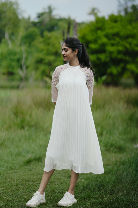 Off-white georgette partywear A-line kurti with collar neck and heavy handworked net sleeves MBS-268