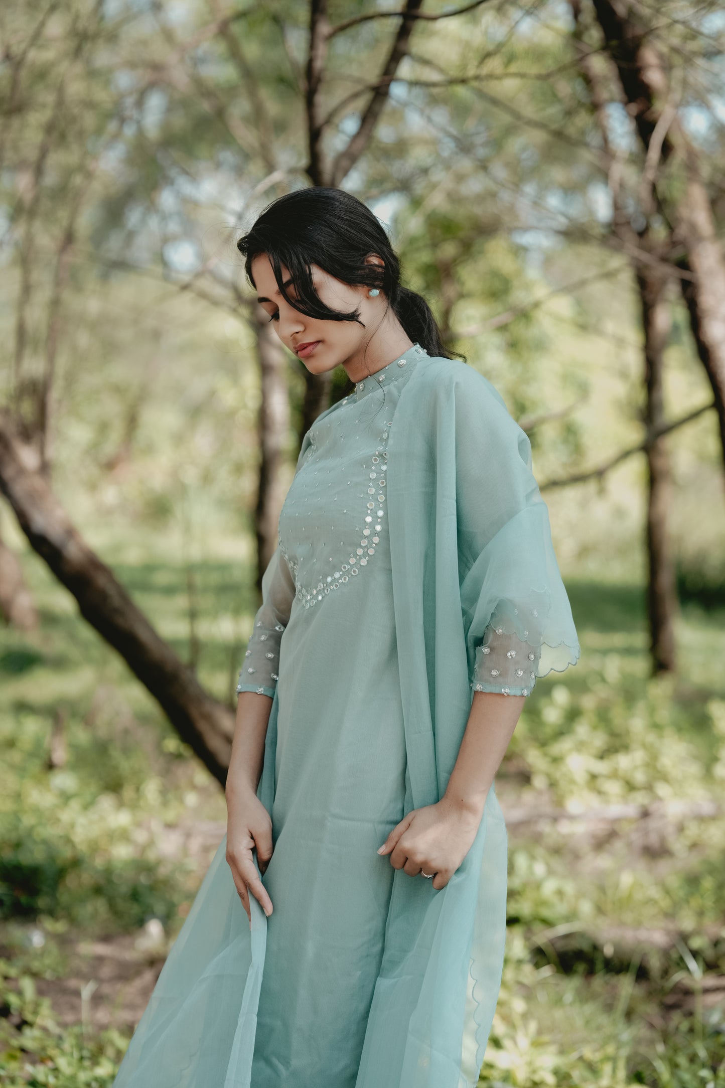 Pastel Aqua green shaded organza kurti with mirror worked yoke and scalloped dupatta MBS-256