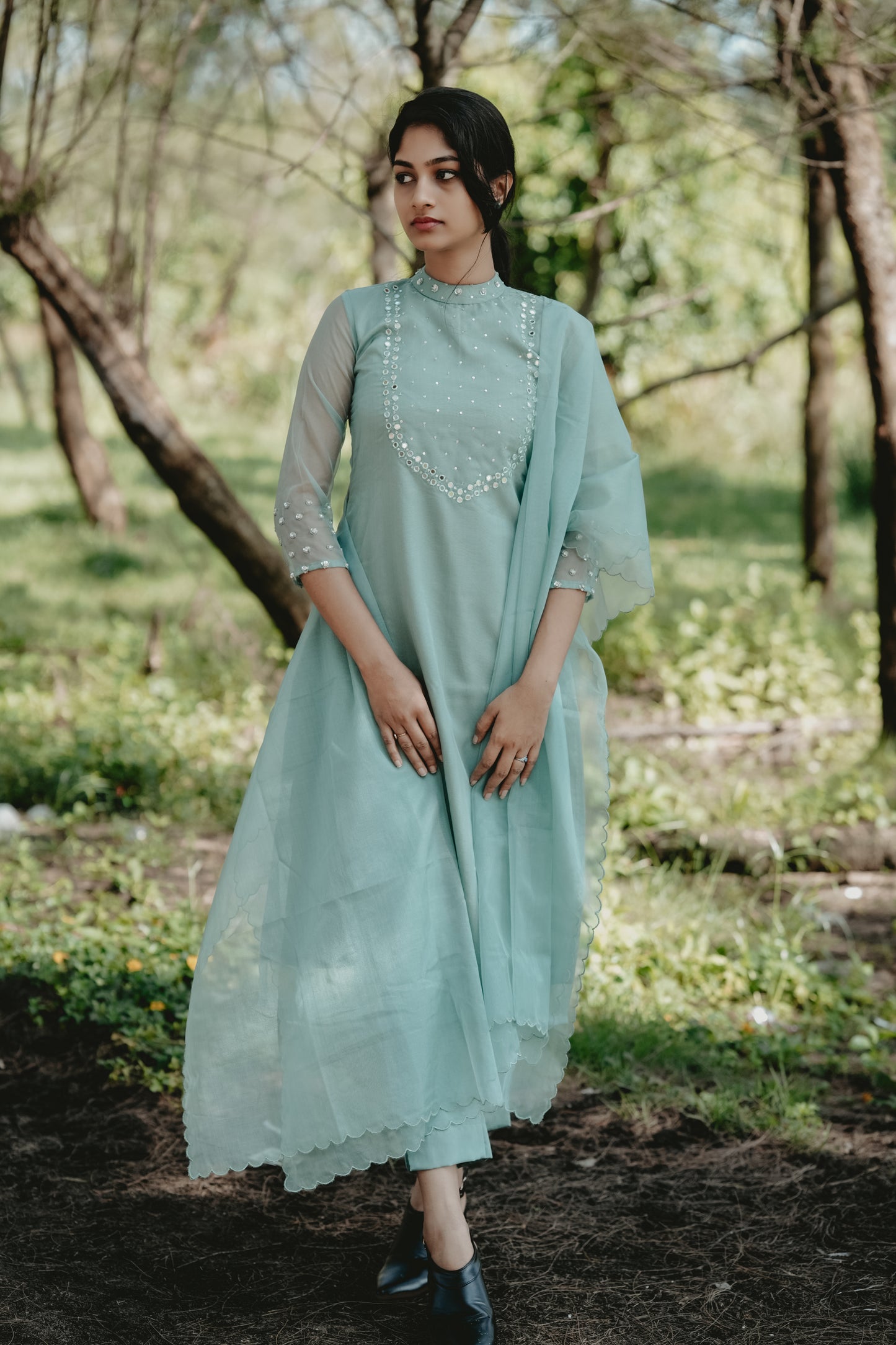 Pastel Aqua green shaded organza kurti with mirror worked yoke and scalloped dupatta MBS-256