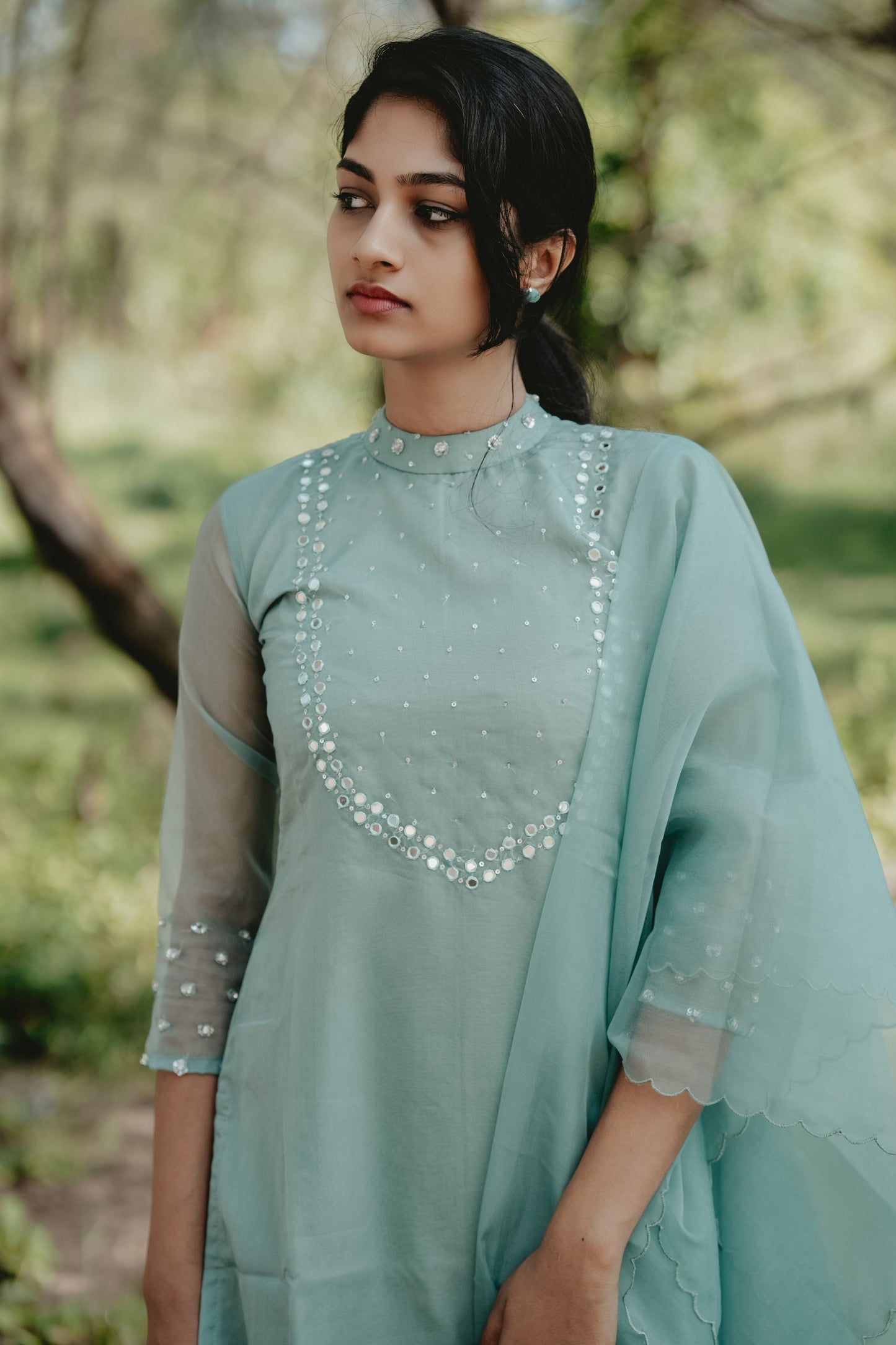 Pastel Aqua green shaded organza kurti with mirror worked yoke and scalloped dupatta MBS-256