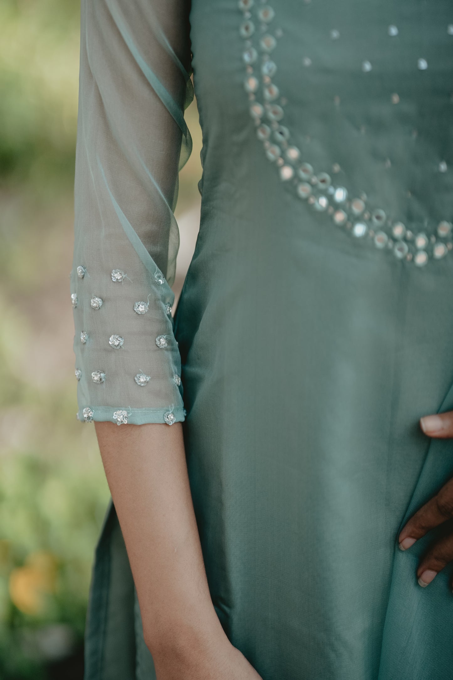 Pastel Aqua green shaded organza kurti with mirror worked yoke and scalloped dupatta MBS-256