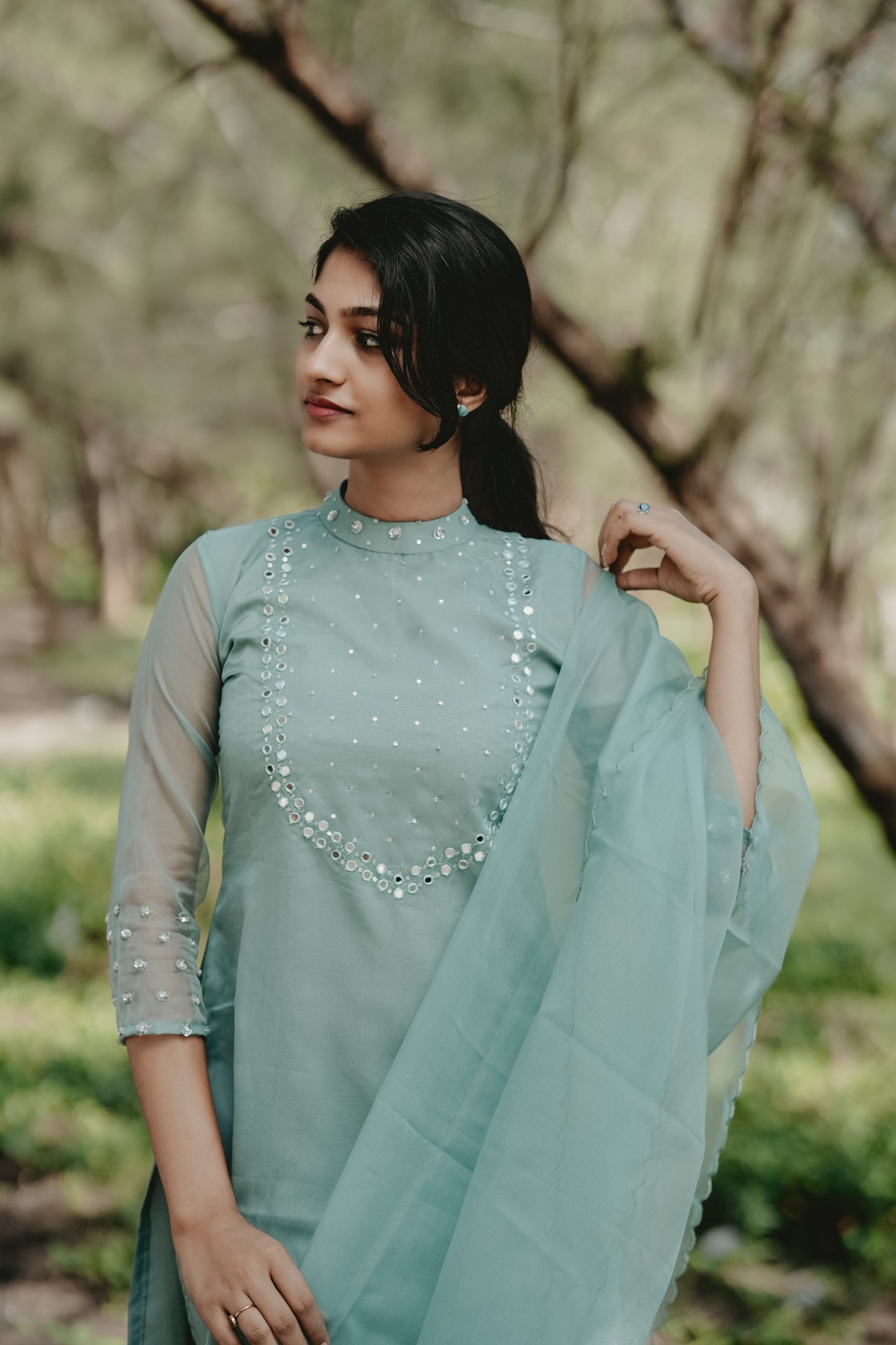 Pastel Aqua green shaded organza kurti with mirror worked yoke and scalloped dupatta MBS-256