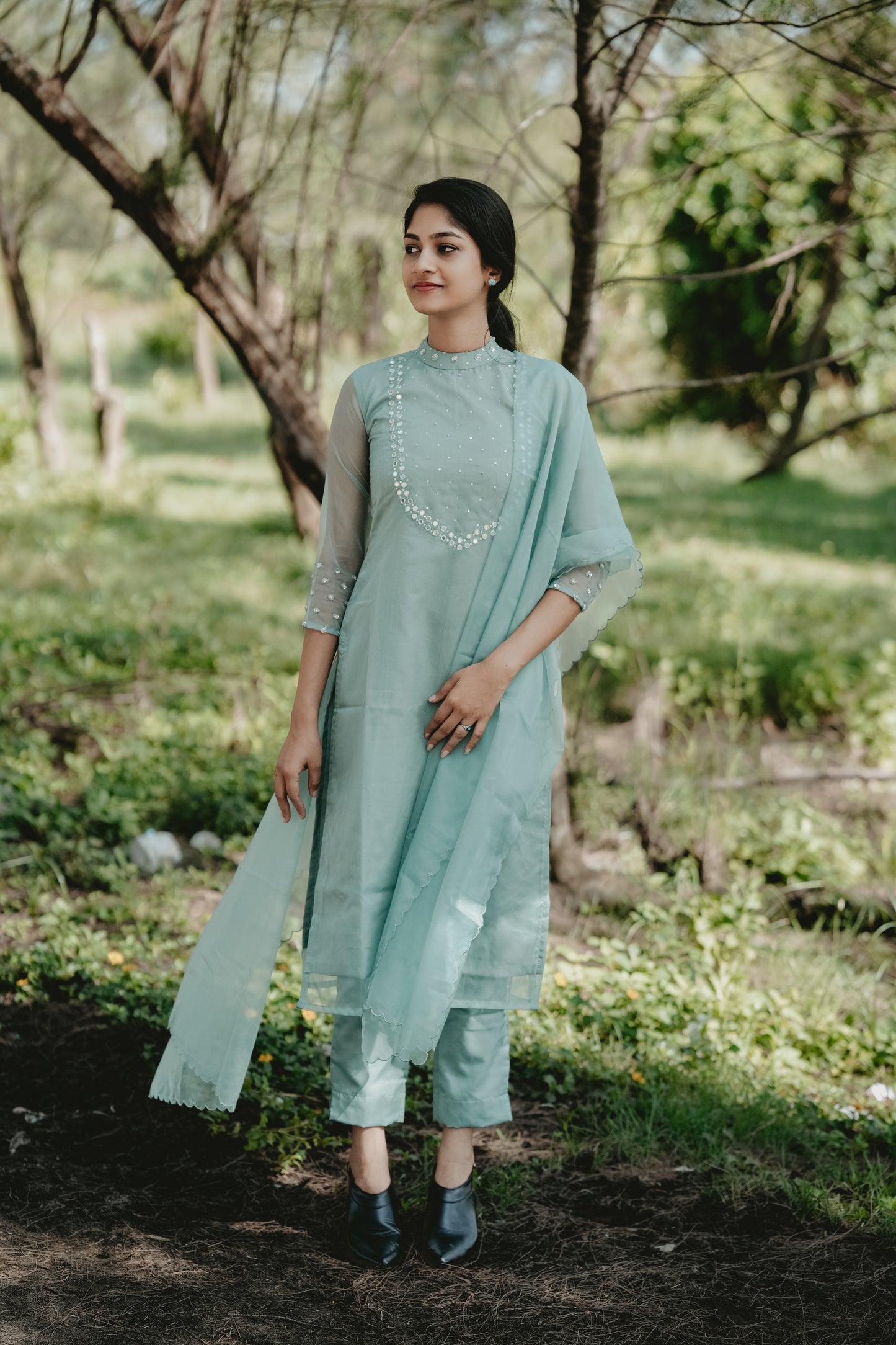 Pastel Aqua green shaded organza kurti with mirror worked yoke and scalloped dupatta MBS-256