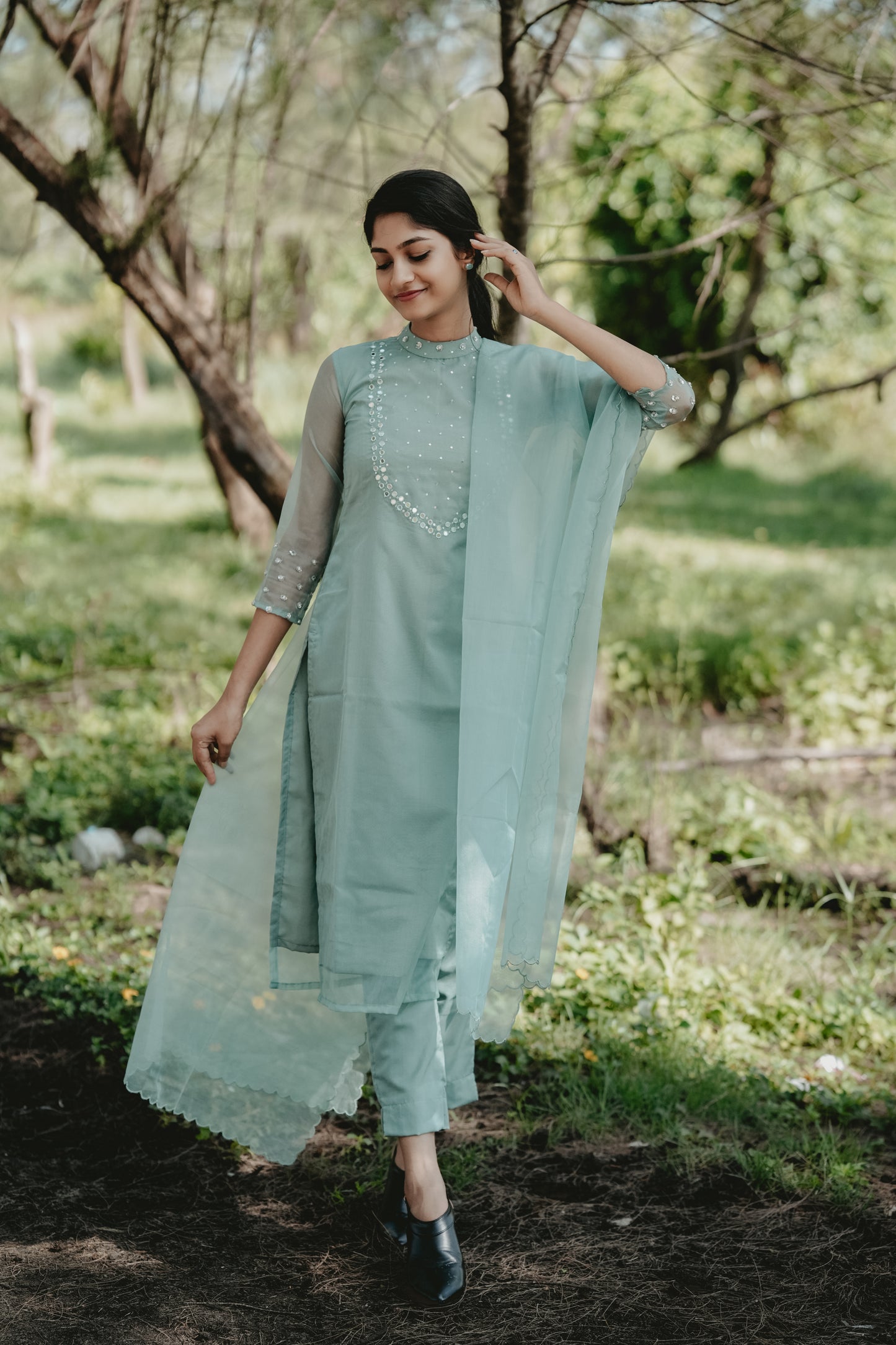 Pastel Aqua green shaded organza kurti with mirror worked yoke and scalloped dupatta MBS-256