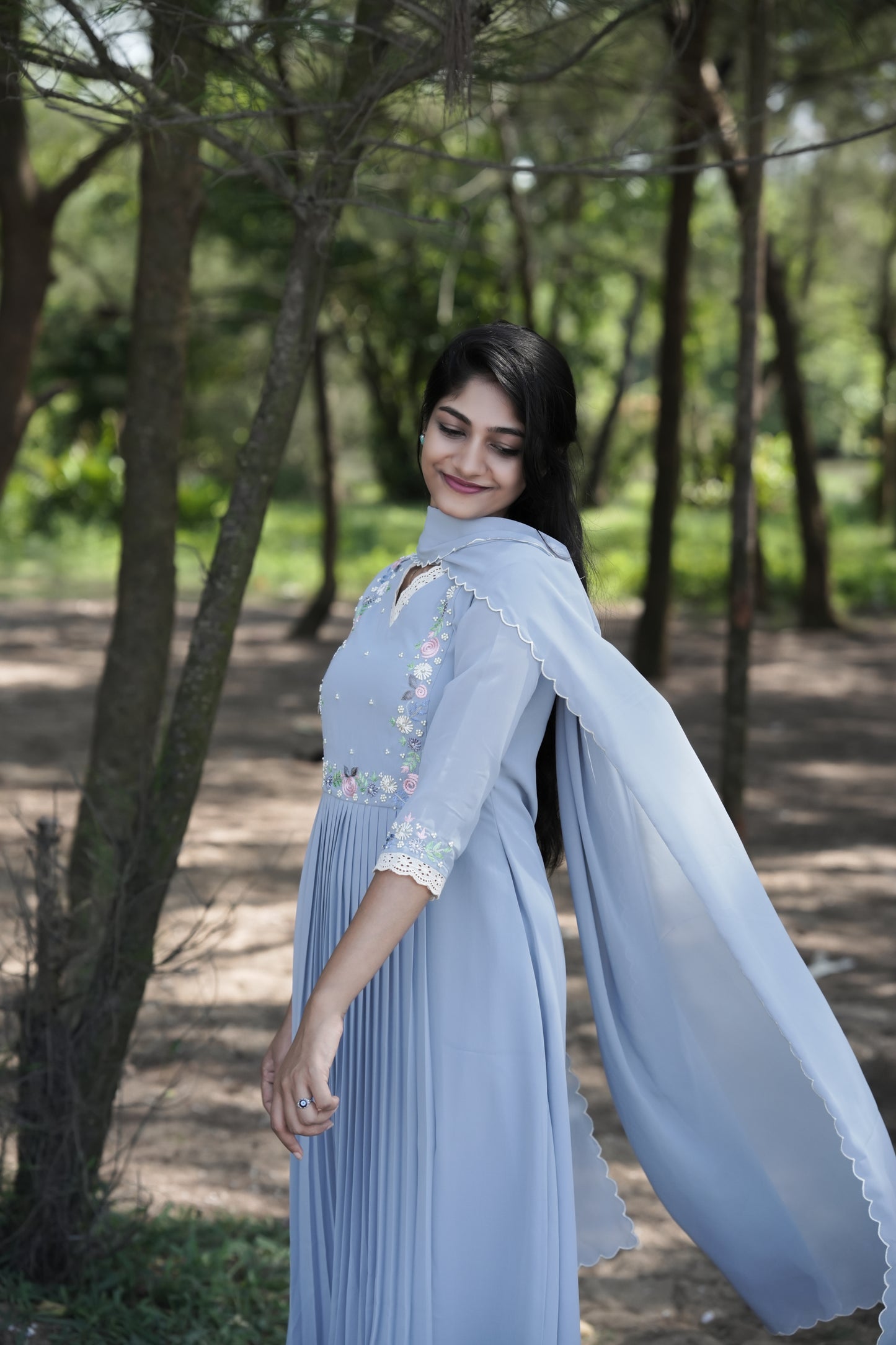 Powder blue shaded party wear georgette Aline kurti detailed with lace and thread embroidery MBS-271