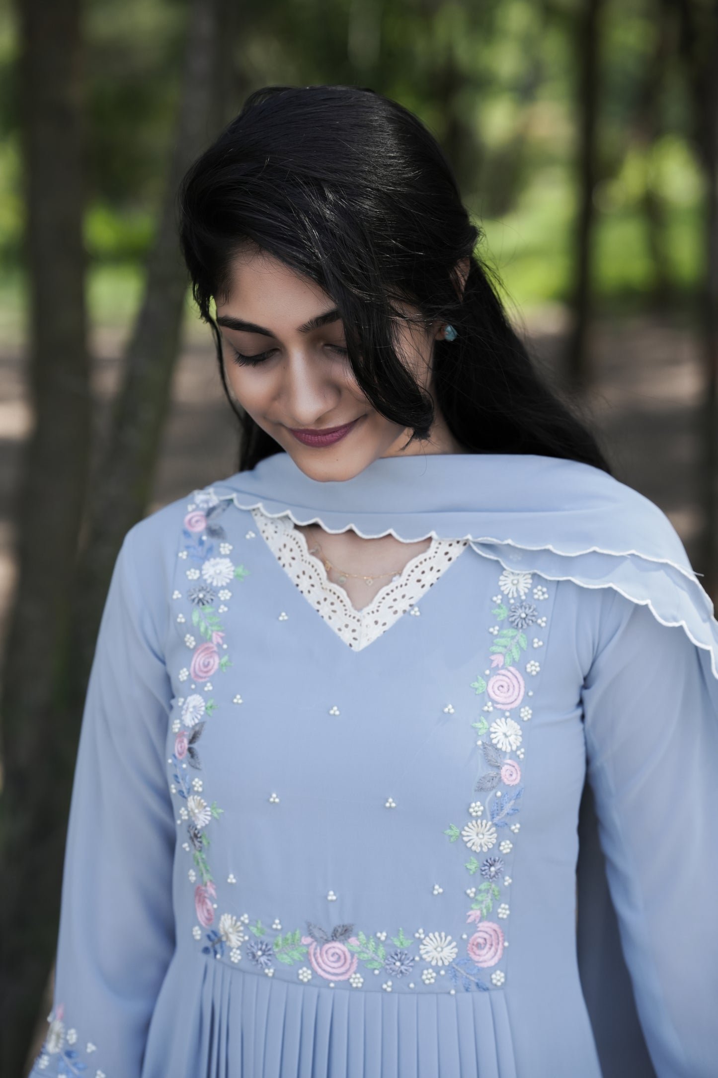 Powder blue shaded party wear georgette Aline kurti detailed with lace and thread embroidery MBS-271