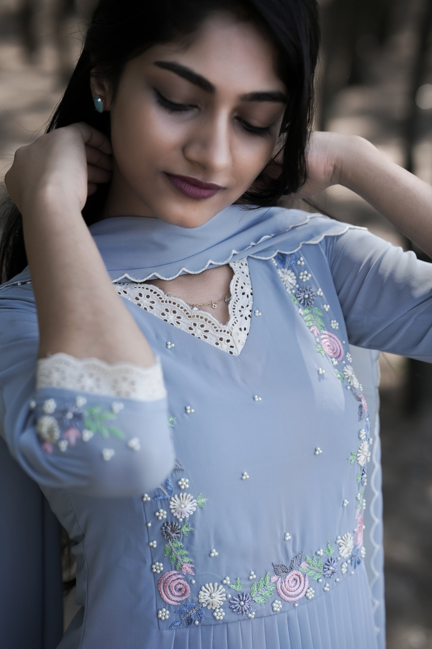 Powder blue shaded party wear georgette Aline kurti detailed with lace and thread embroidery MBS-271