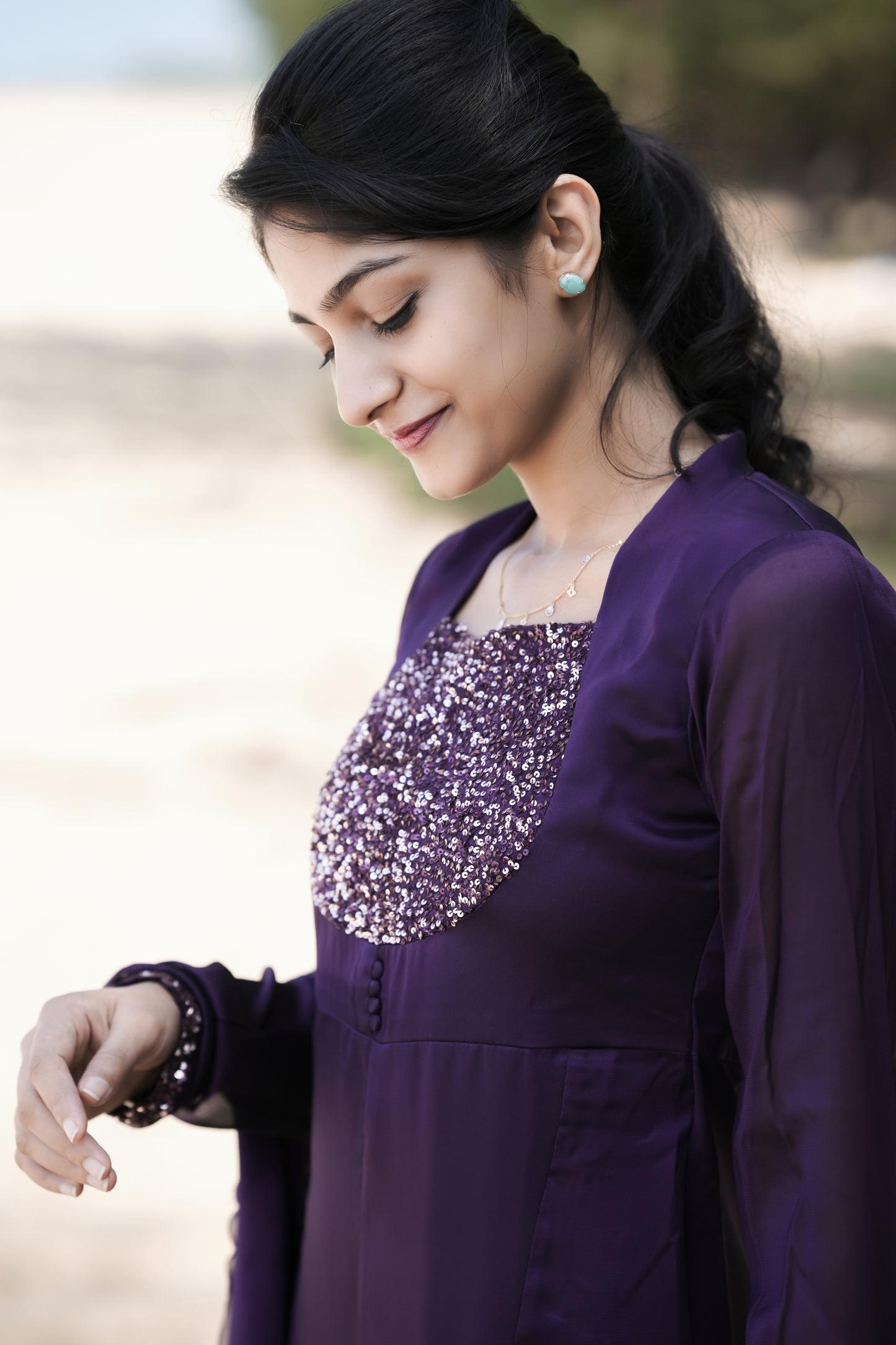 Purple shaded blooming georgette panelled kurti with heavy handworked yoke and scalloped dupatta MBS252