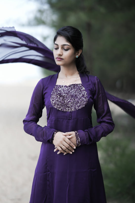 Purple shaded blooming georgette panelled kurti with heavy handworked yoke and scalloped dupatta MBS252