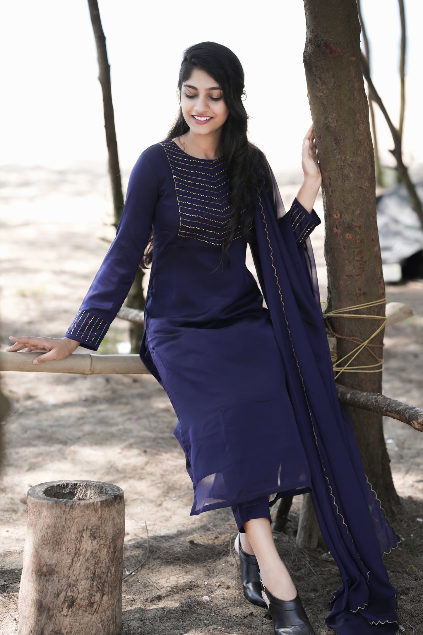 Buy Dark Blue Zari Embroidered Festive Kurta, Pants And Dupatta Set Online  - W for Woman