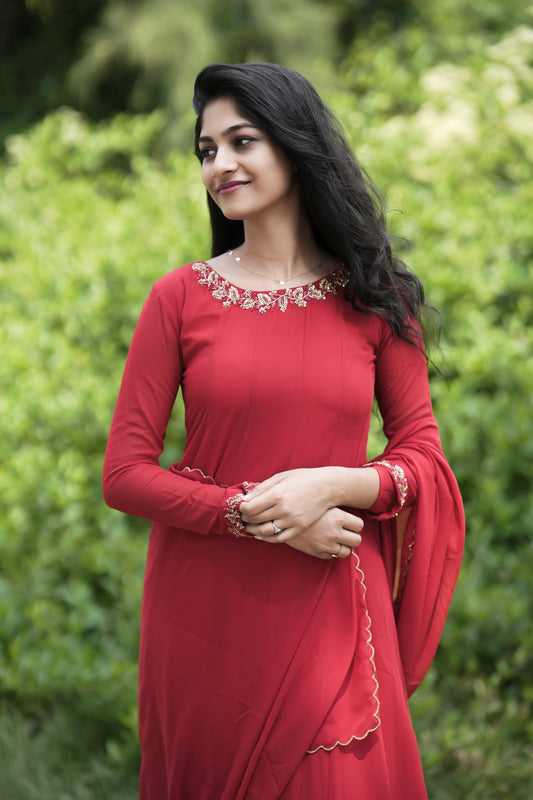 Reddish maroon panelled georgette kurti with scalloped dupatta MBS-261 **Ready to dispatch**