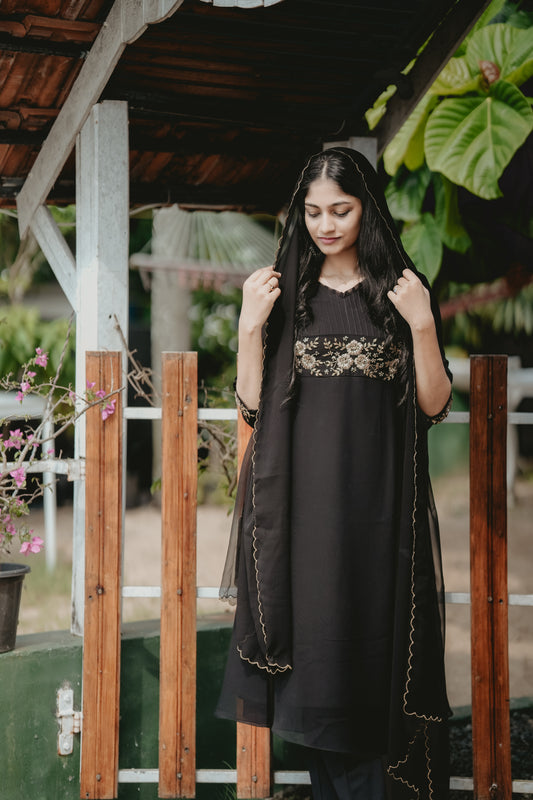 Black georgette A-line partywear kurti with heavy handworked yoke and scalloped dupatta MBS-264
