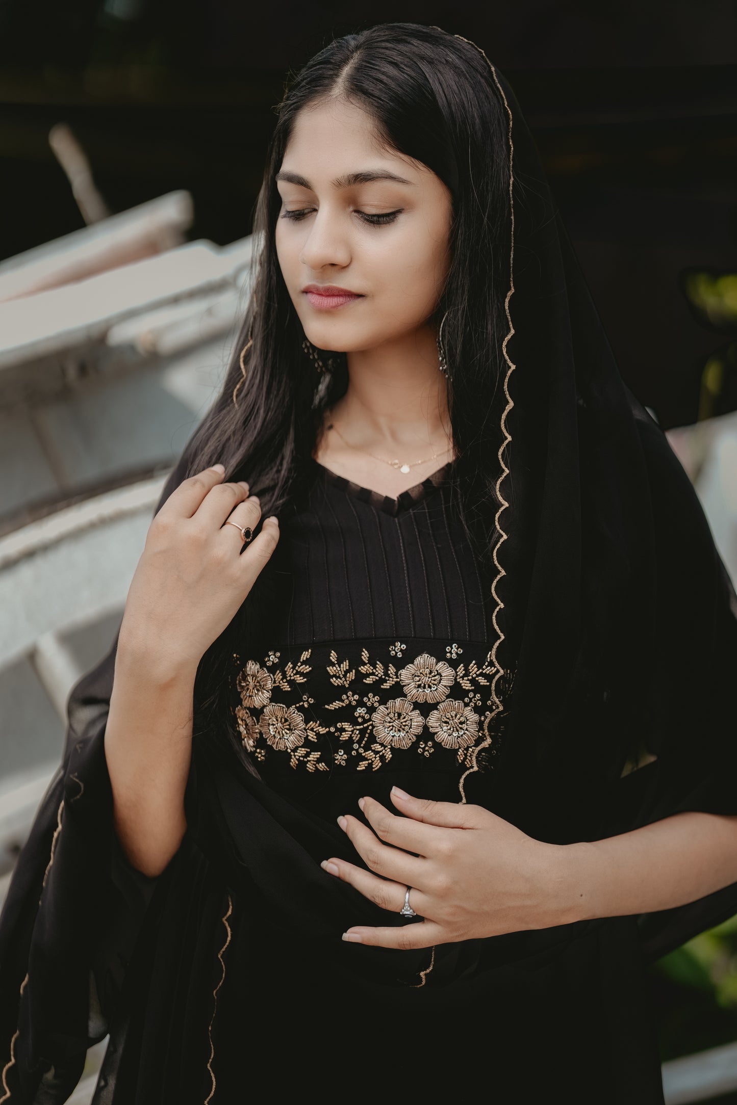 Black georgette A-line partywear kurti with heavy handworked yoke and scalloped dupatta MBS-264