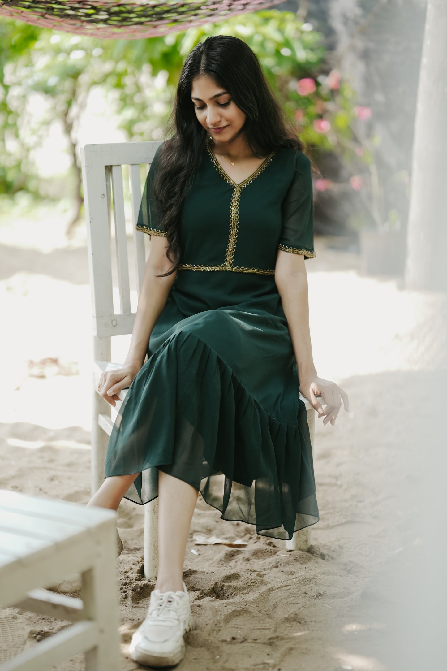 Bottle green party wear georgette dress with handworked yoke and sleeves MBS-267