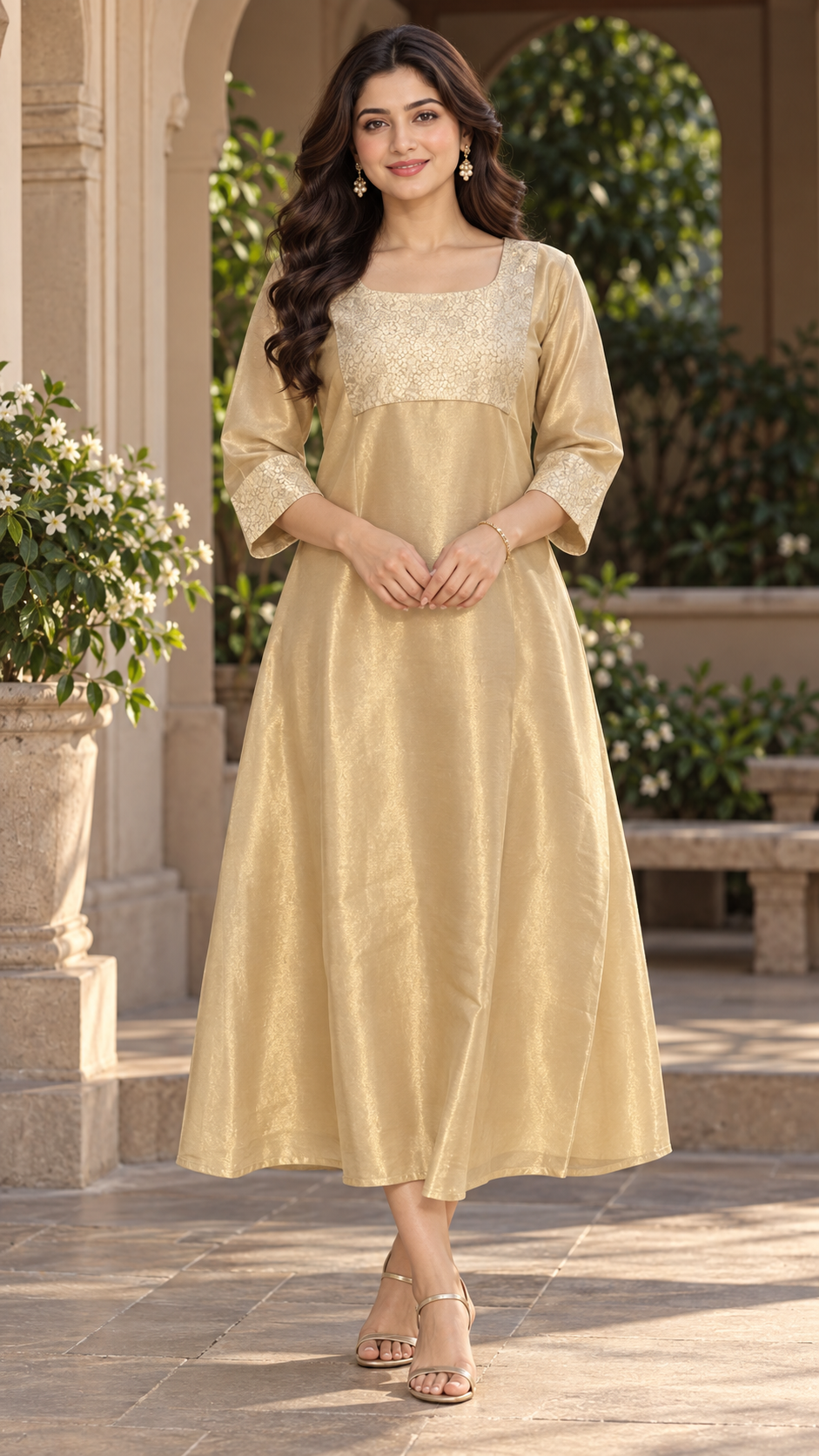 Golden lurex lined jute organza Aline kurti with brocade patch MBS-1509 **last piece sale**