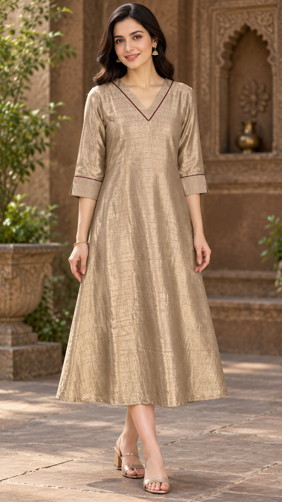 Taupe beige shaded badri silk Aline kurti with piping MBS-1514 **last piece sale**