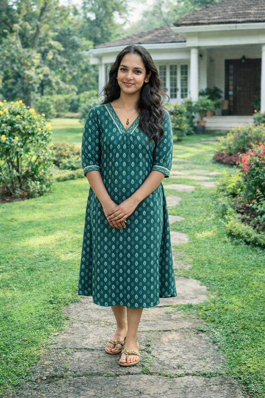 Green printed cotton Aline kurti with lace detailed neck and gathers MBS-799 ** ready to dispatch**