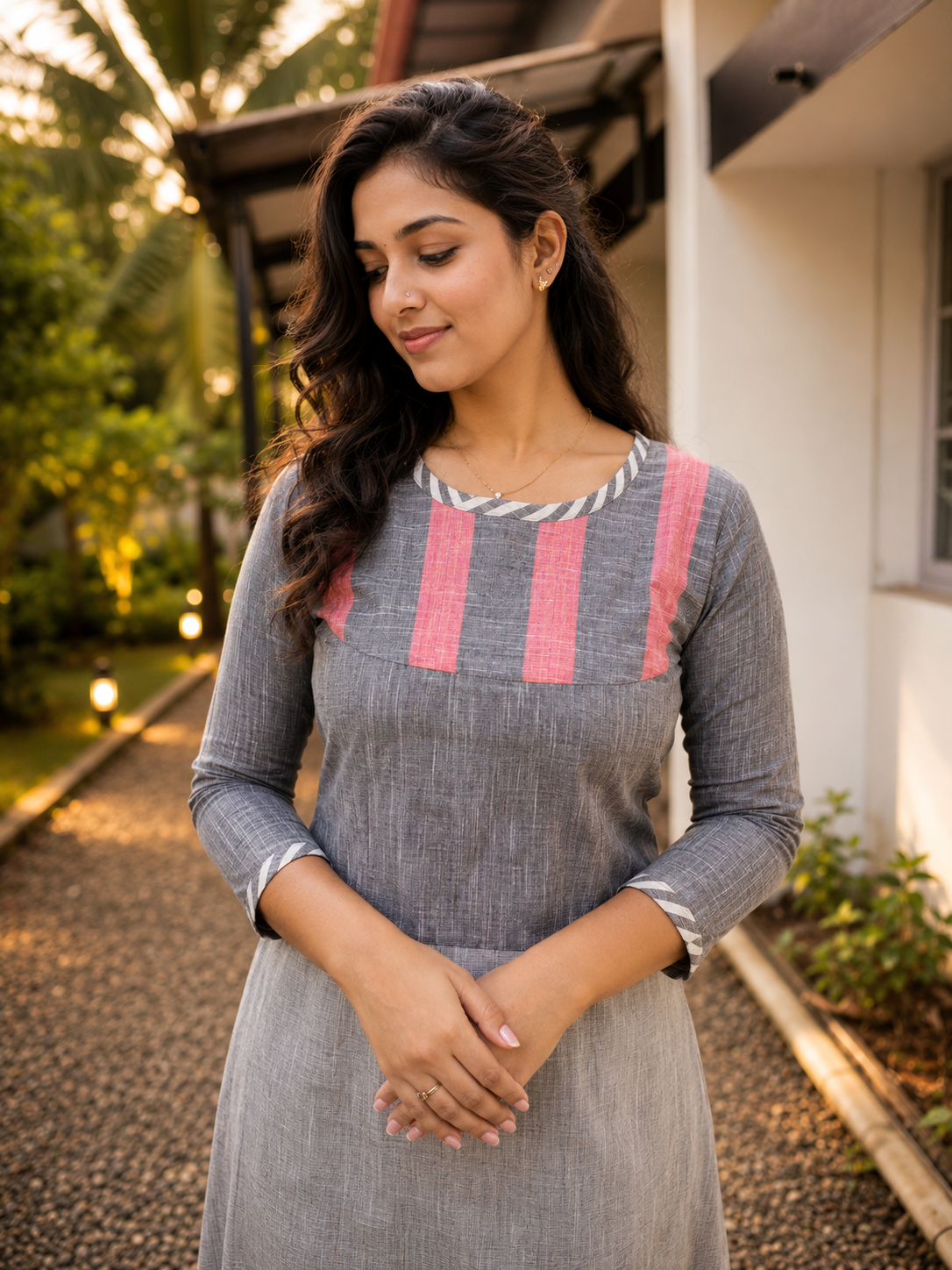 Grey stripped south handloom cotton A-line kurti MBS-1298 **Ready to dispatch**