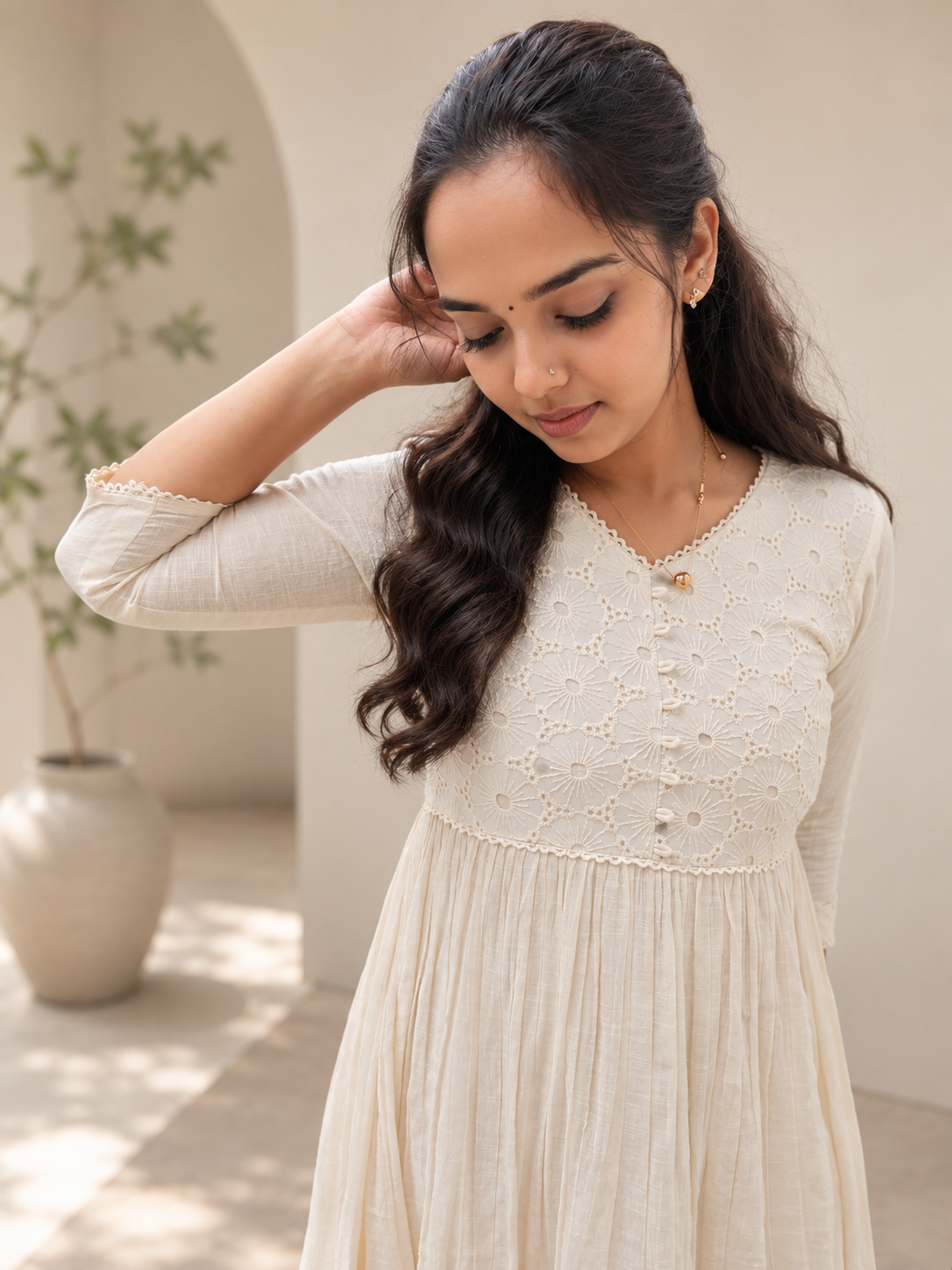 Off white soft kota cotton checks Aline kurti with hacoba yoke and lace detailings MBS-917 **Ready to dispatch** **Onam 26**
