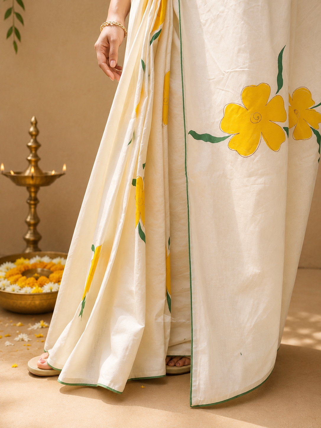 Kora cotton saree with brush painted yellow florals and green piping borders MBS-1251