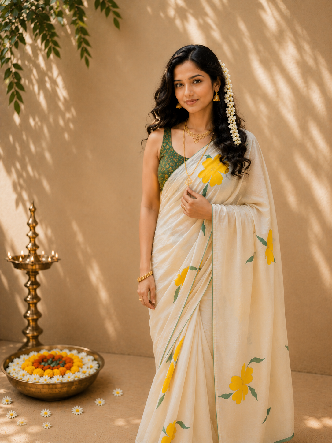 Kora cotton saree with brush painted yellow florals and green piping borders MBS-1251