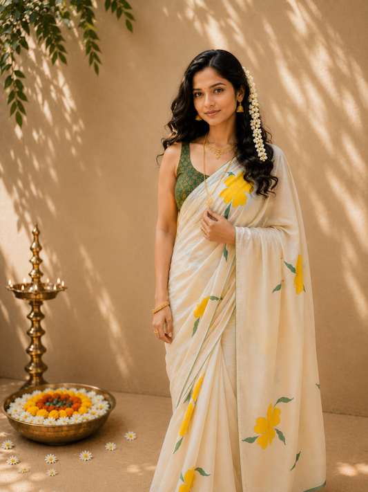 Kora cotton saree with brush painted yellow florals and green piping borders MBS-1251