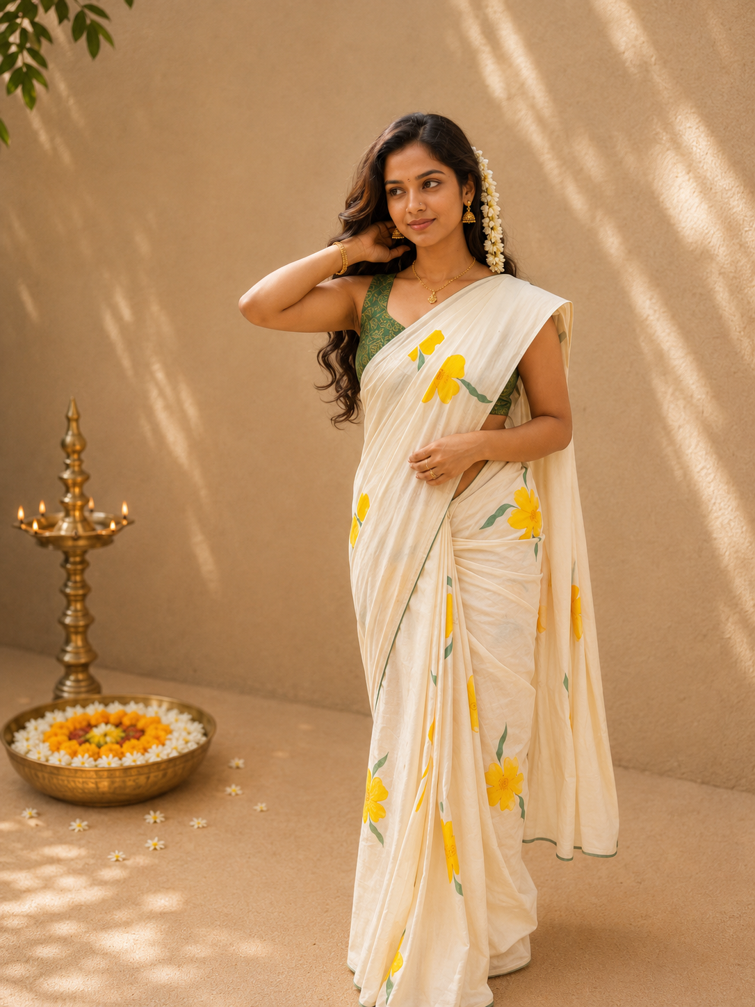 Kora cotton saree with brush painted yellow florals and green piping borders MBS-1251