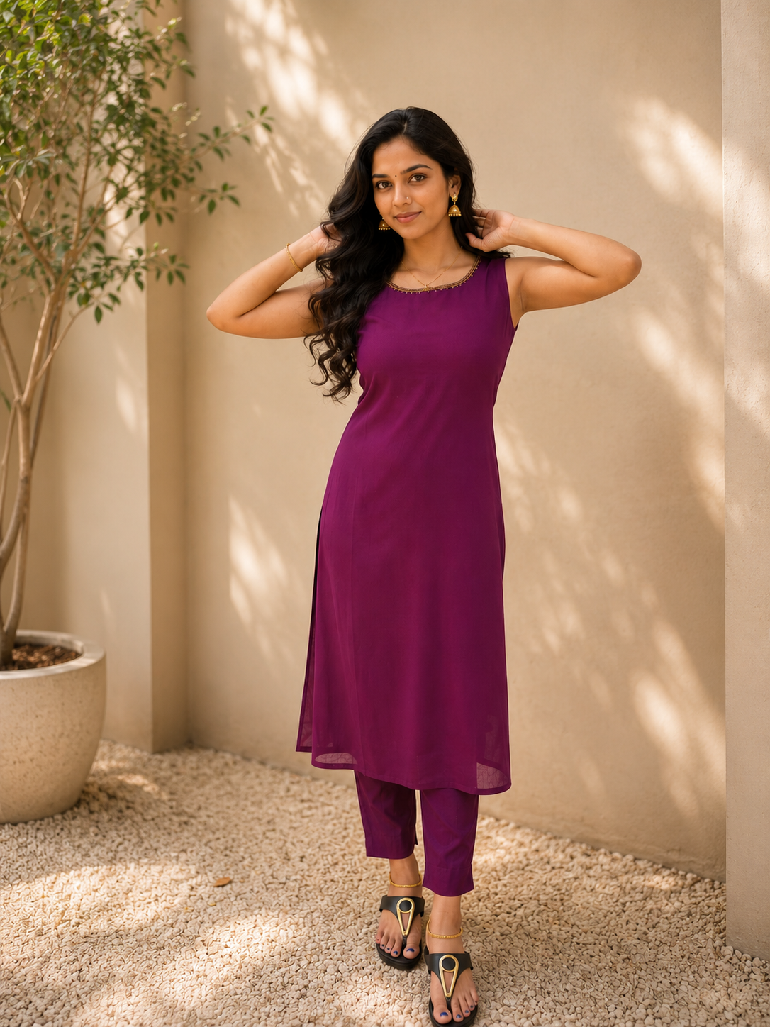 Dark grape shaded georgette slitted kurti with handworked neckline MBS-894 **Ready to dispatch**