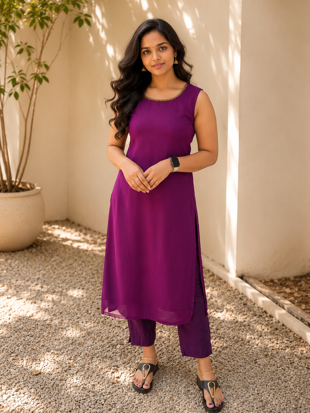 Dark grape shaded georgette slitted kurti with handworked neckline MBS-894 **Ready to dispatch**