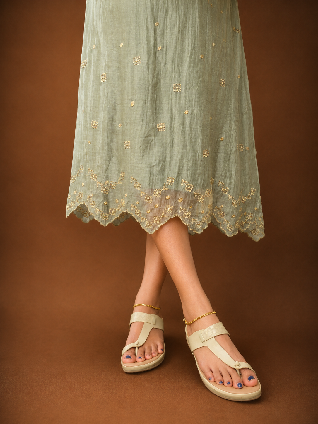 Pastel green Shaded soft mul chanderi Aline kurti/dress with floral thread embroidery detailings and scallopped hemline and sleeves MBS-1234