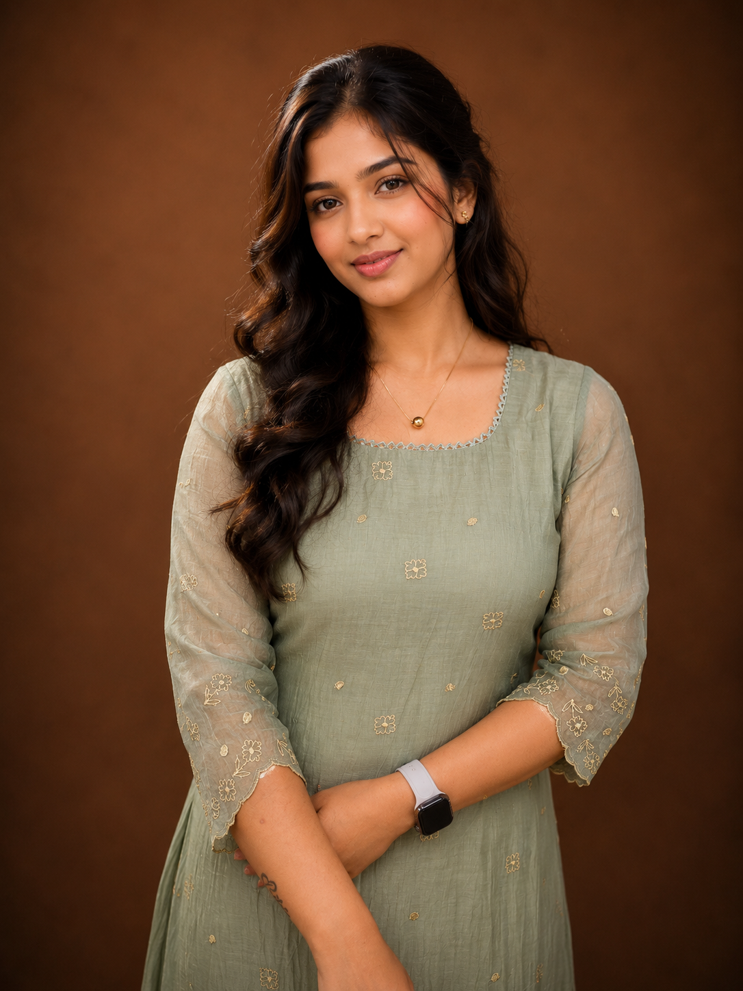 Pastel green Shaded soft mul chanderi Aline kurti/dress with floral thread embroidery detailings and scallopped hemline and sleeves MBS-1234