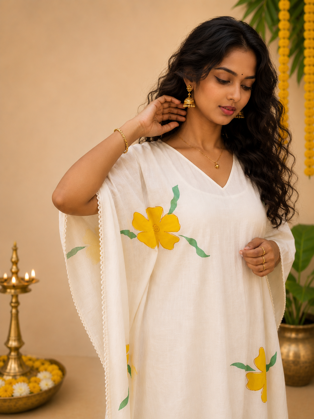 Yellow floral printed kora cotton kaftan MBS-1250