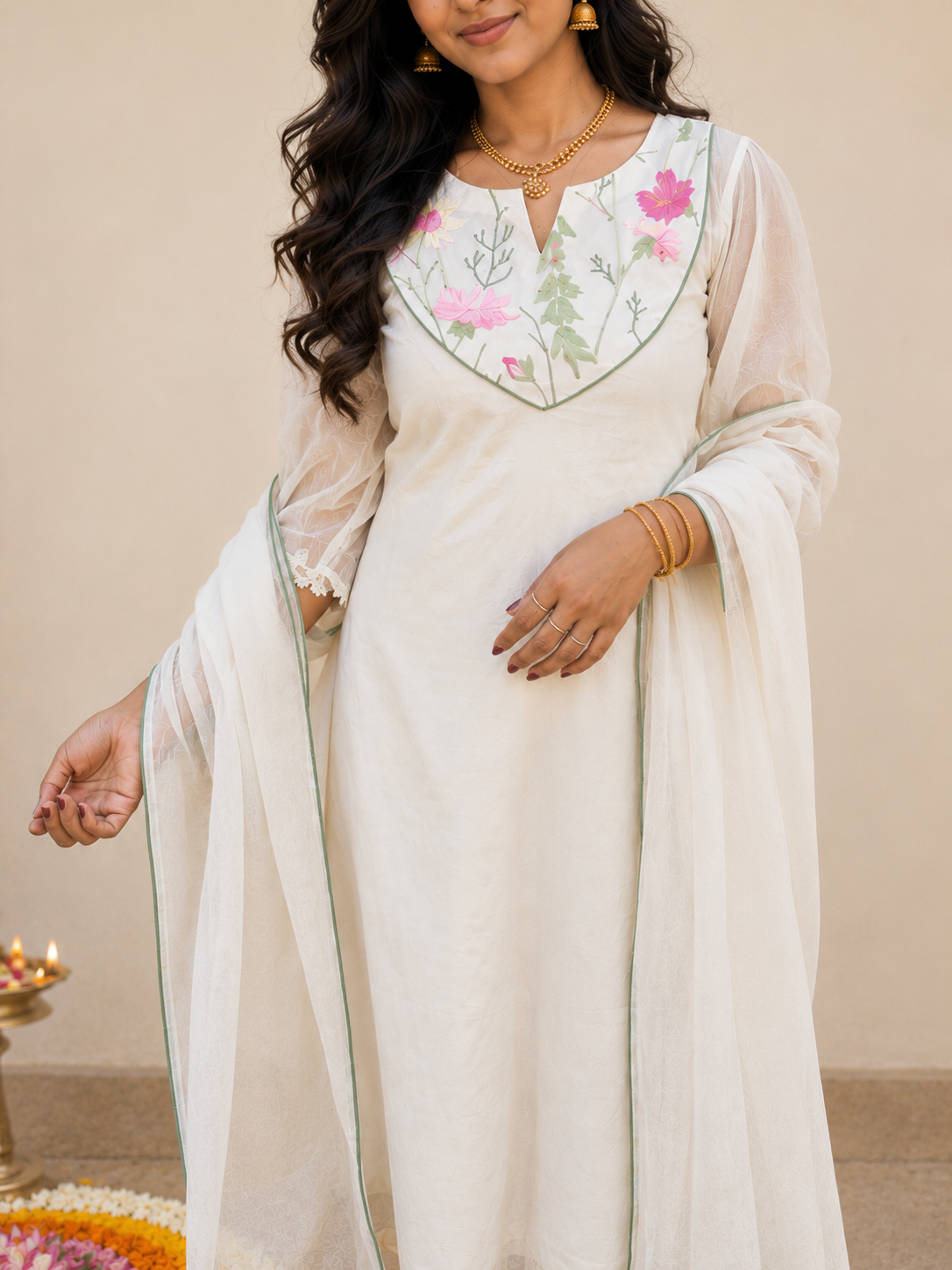 Off-white viscose chanderi Aline kurti with multi thread floral embroidered yoke and piping dupatta MBS-1246