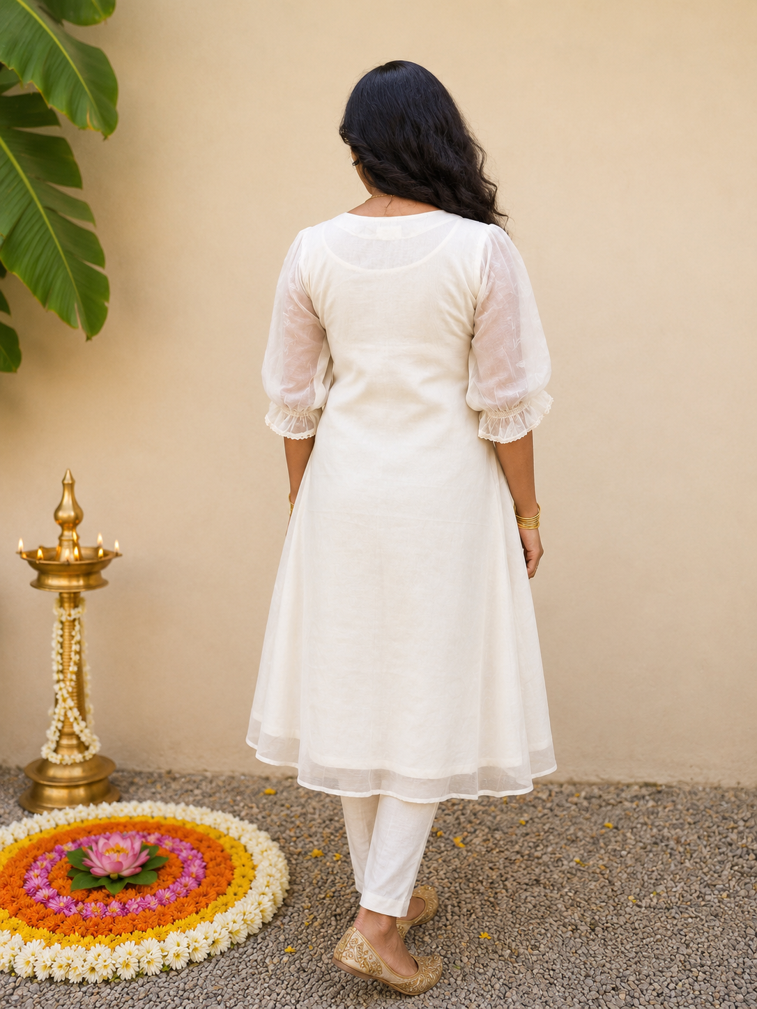 Off-white viscose chanderi Aline kurti with multi thread floral embroidered yoke and piping dupatta MBS-1246
