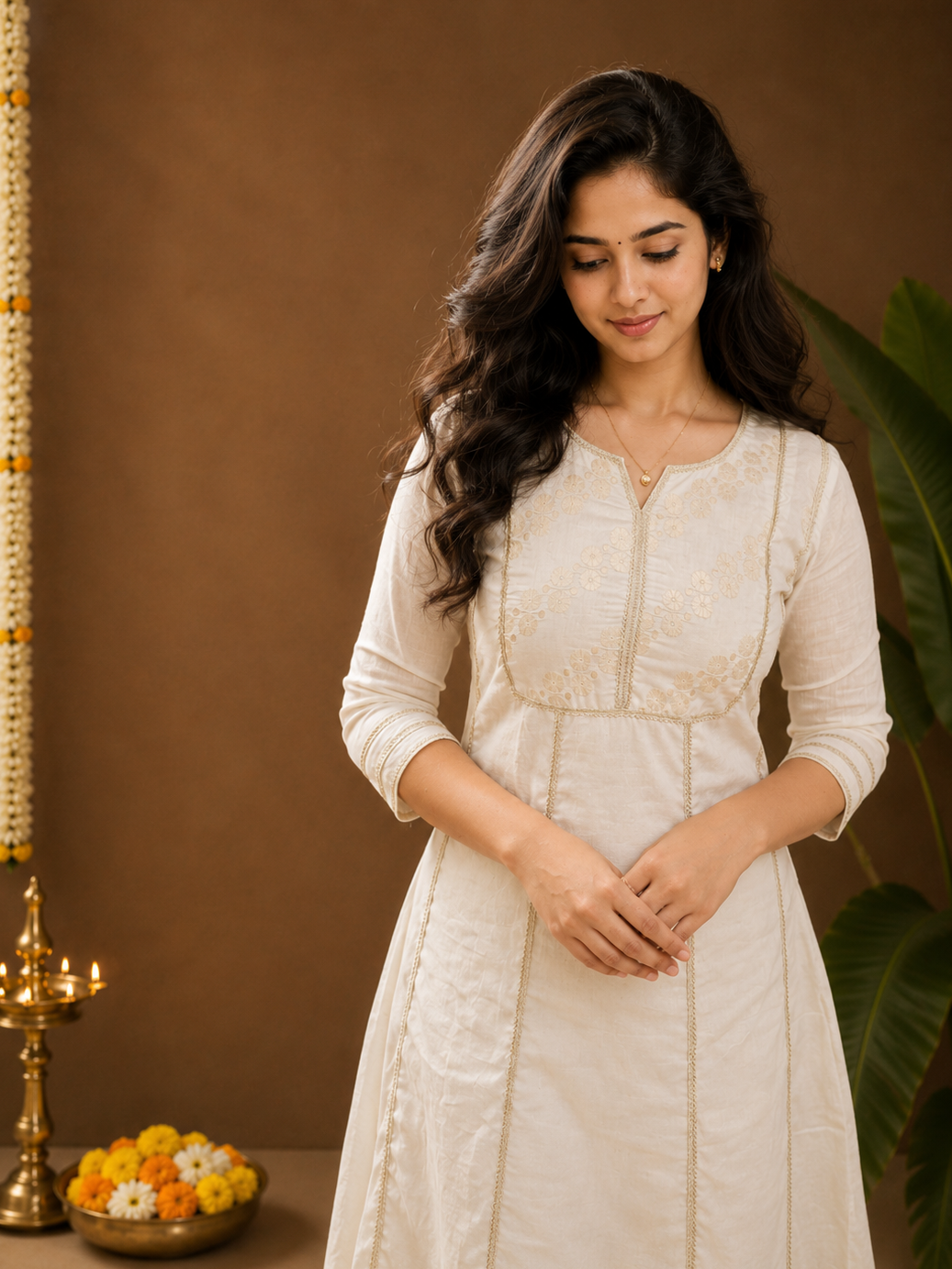 Kora cotton Aline Kurti with chanderi yoke and lace detailings MBS-1258 **Ready to dispatch**