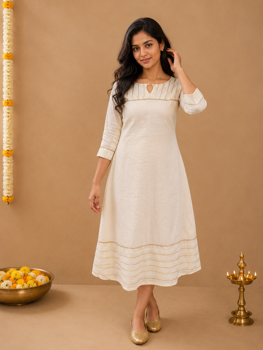 Kora Cotton Aline Kurti with golden lurex lined upper yoke and hemline MBS-1257 **Ready to dispatch**