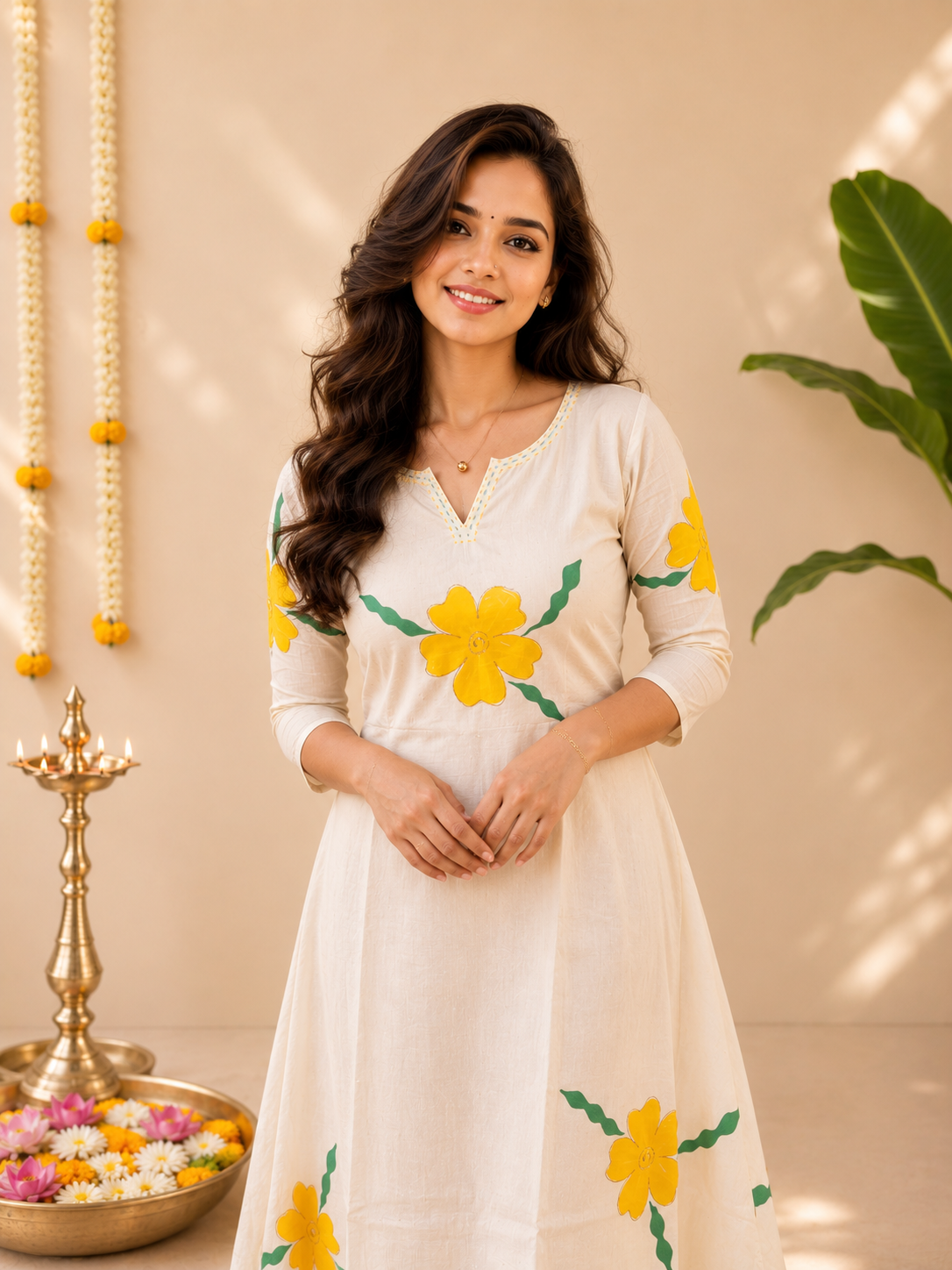 Kora cotton Aline kurti with yellow painted floral embroidery with chain stitch detailed neckline MBS-1249