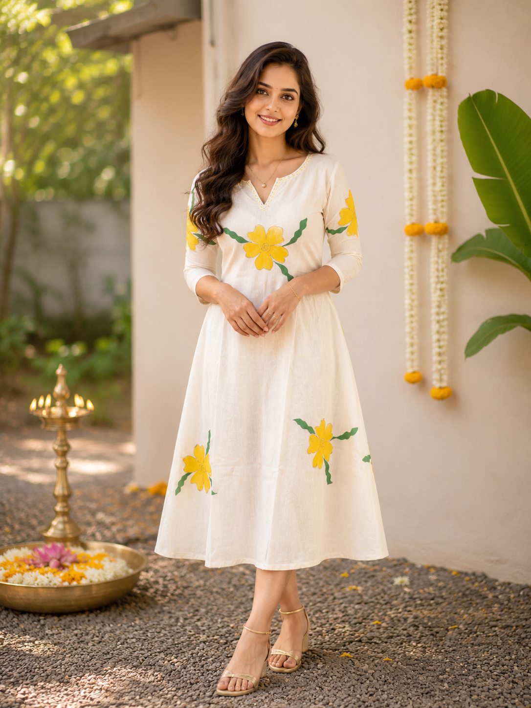 Kora cotton Aline kurti with yellow painted floral embroidery with chain stitch detailed neckline MBS-1249