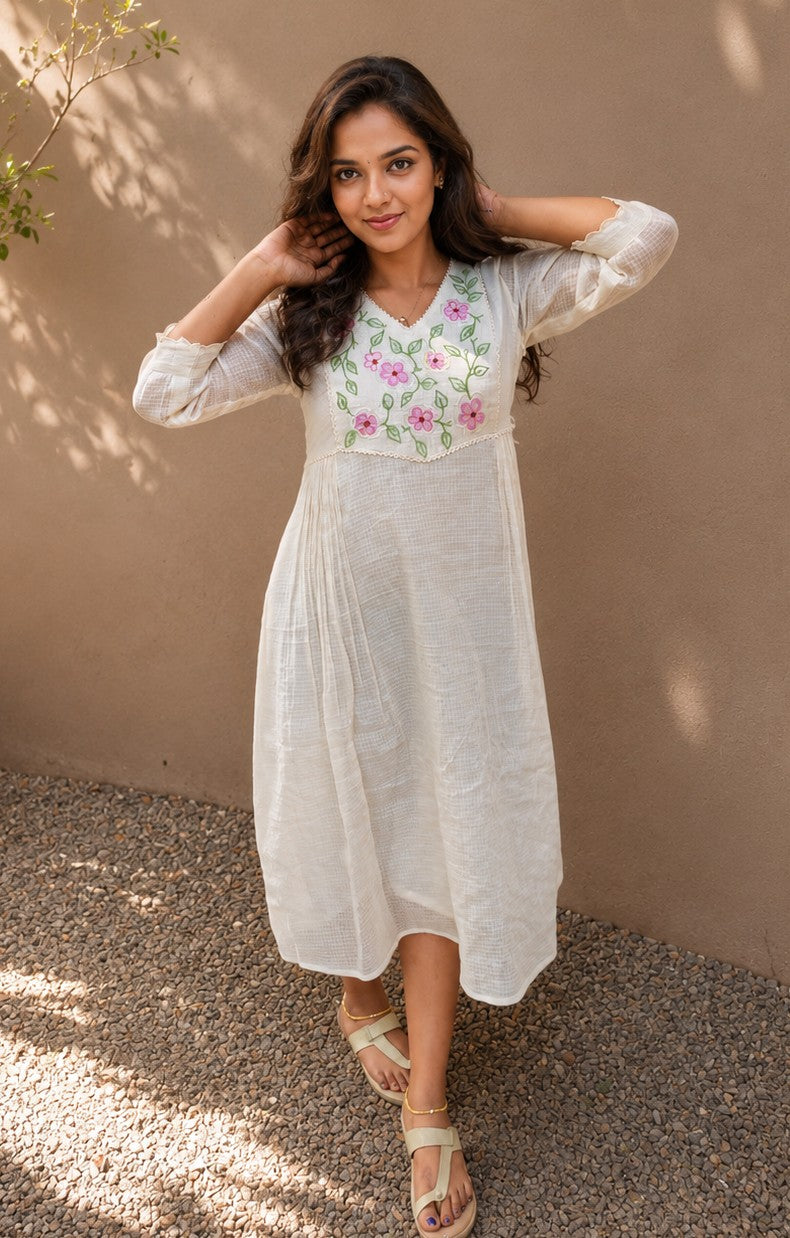 Soft cotton kota checks Aline kurti with multi colour thread embroidered yoke highlighted with scalloped lace MBS-1266