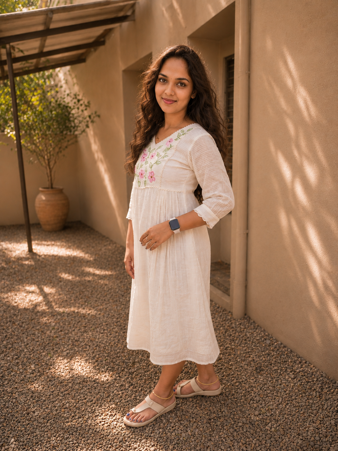 Soft cotton kota checks Aline kurti with multi colour thread embroidered yoke highlighted with scalloped lace MBS-1266