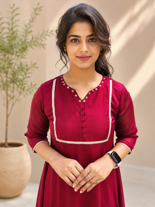 Reddish meroon silky georgette Aline kurti with handworked neckline and lace detailed yoke MBS-1197