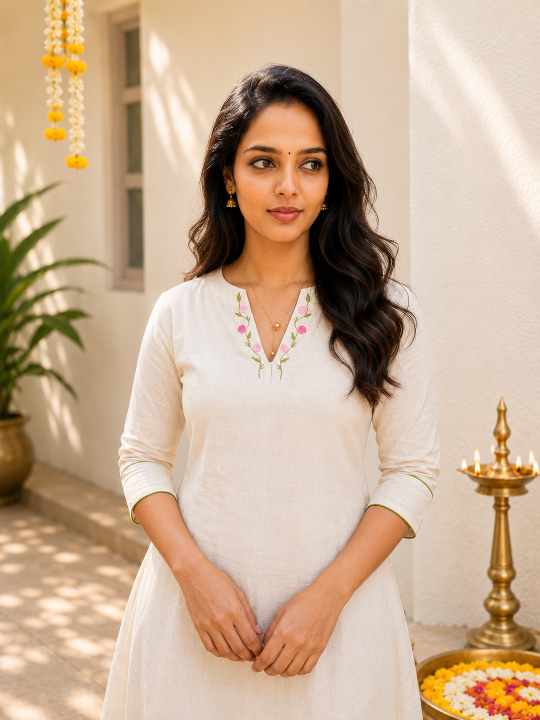 Off-white cotton flex Aline kurti with floral embroidered neckline and single floral motif in back yoke MBS-1268