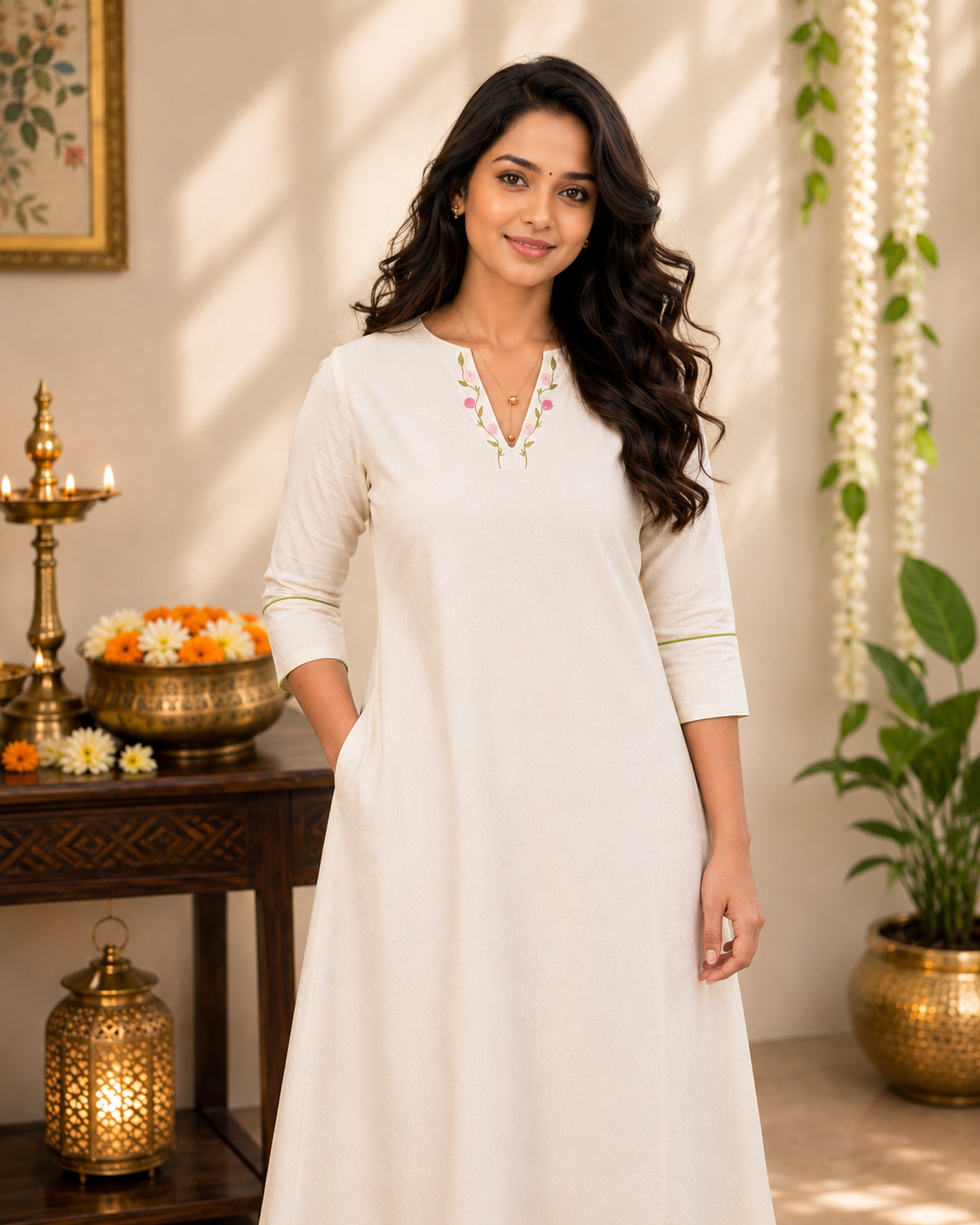 Off-white cotton flex Aline kurti with floral embroidered neckline and single floral motif in back yoke MBS-1268