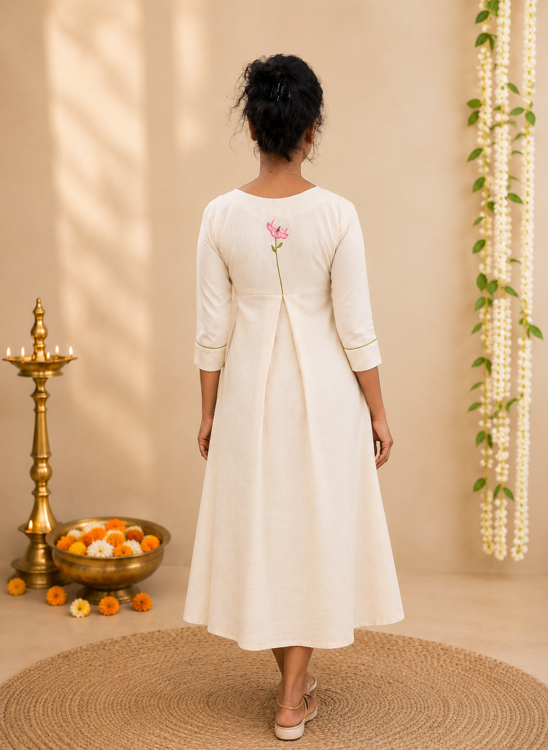 Off-white cotton flex Aline kurti with floral embroidered neckline and single floral motif in back yoke MBS-1268