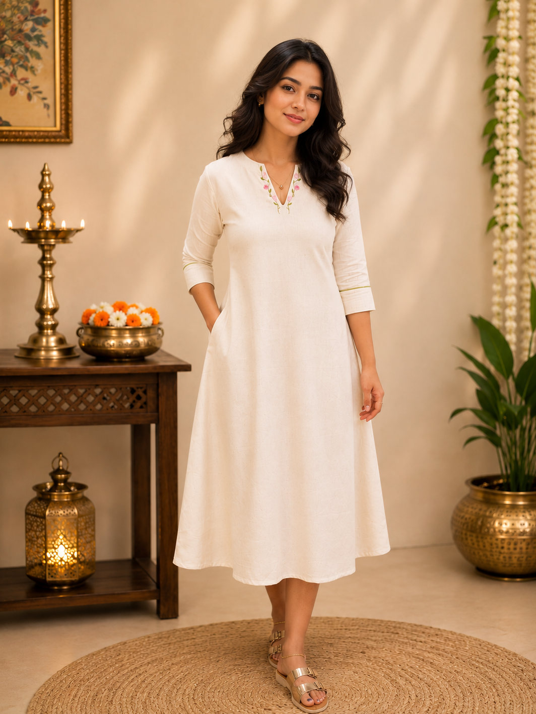 Off-white cotton flex Aline kurti with floral embroidered neckline and single floral motif in back yoke MBS-1268