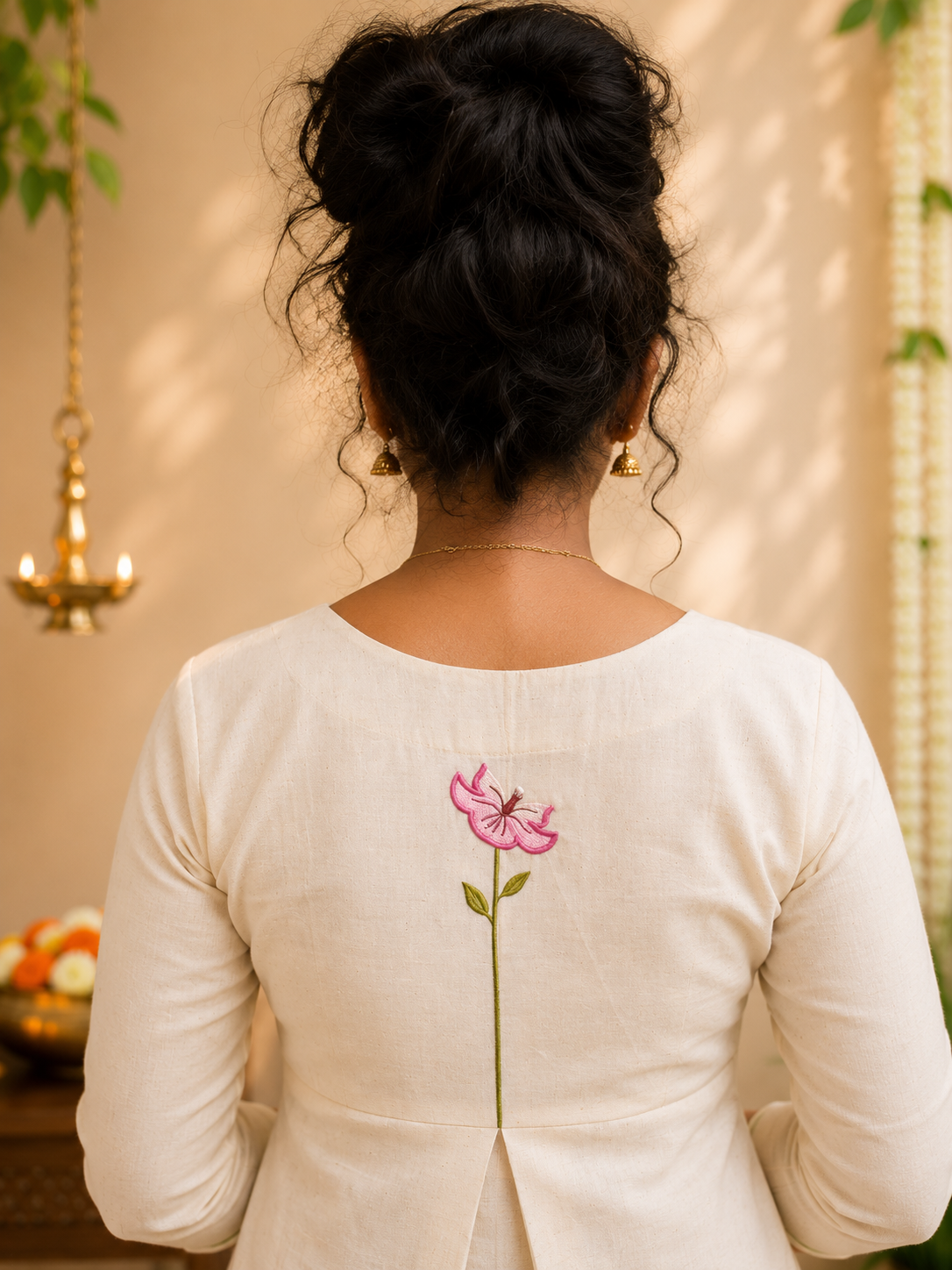 Off-white cotton flex Aline kurti with floral embroidered neckline and single floral motif in back yoke MBS-1268