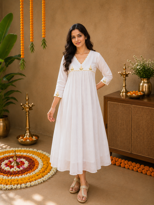 White viscose organza Aline kurti with thread embroidery scalloped yoke MBS-1275